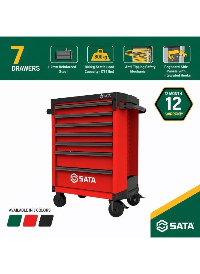 Sata 7 Drawer Roller Cabinet Pro (Red)ST95113G-R, Heavy-Duty Tool Trolley 1.2mm Steel, 800kg Static Load, Lockable Anti-Tip Drawers, Self-Closing Ball-Bearing Slides, Reinforced ABS Worktop with Parts Trays, Pegboard Side Panels - Image 2